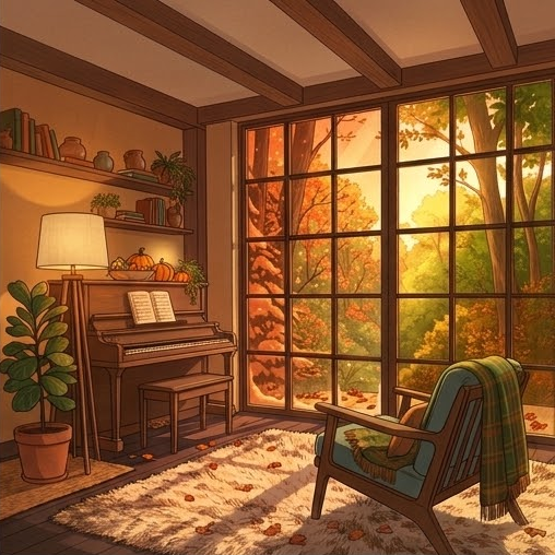 A cozy lofi room with a piano, styled for autumn